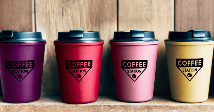 Colorful coffee cups labeled 'Coffee Station'.